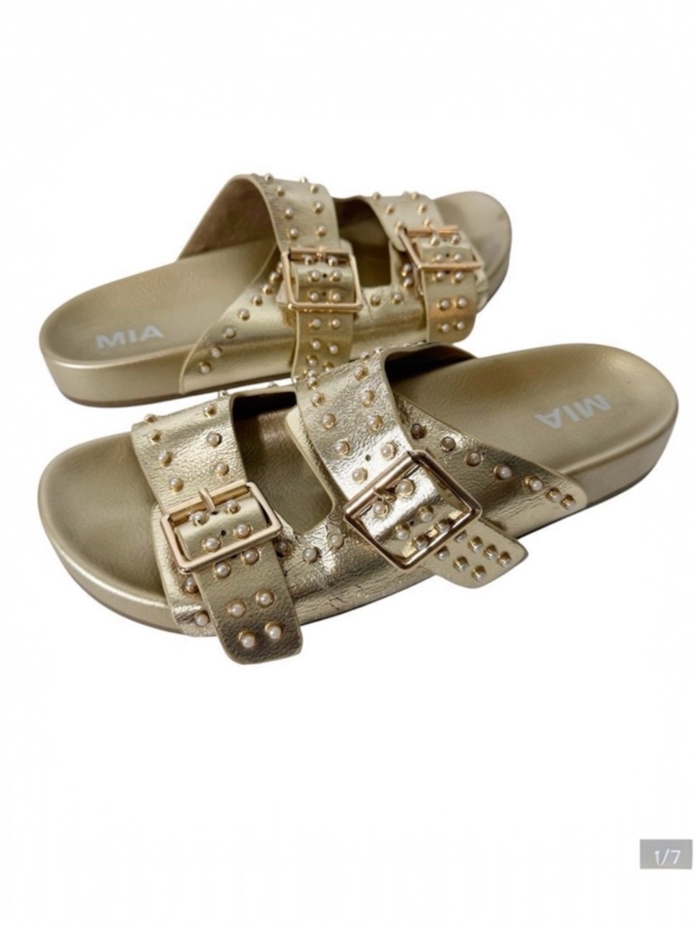 MIA Brooklyn Faux Leather Gold Pearl Two-Strap Adjustable Slide‎ Sandal Size 9